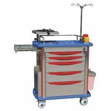 11 Enterprises Ivory & Red Crash Cart Trolley Anaesthesia Trolley, 5 Drawers