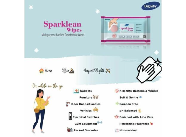 Dignity Sparklean Multipurpose Surface Cleansing Wipes, 240x300 Mm, 50 Pcs/Pack