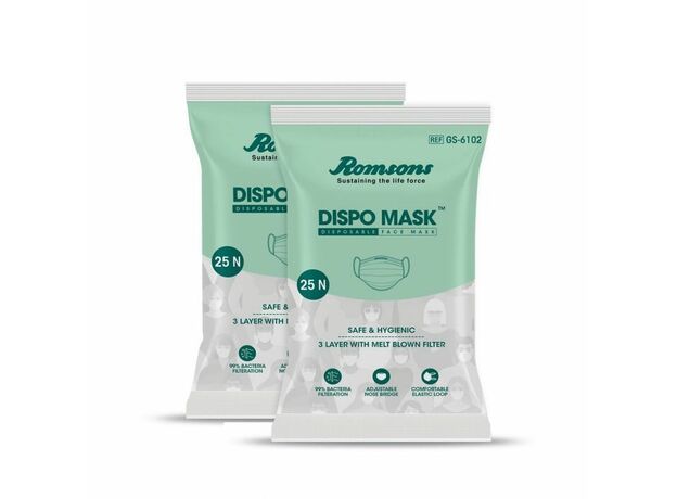 Romsons Dispo 3 Ply Face Mask With Elastic Ear Loops, (Pack Of 2) 50 Pcs