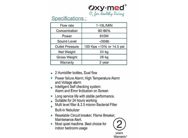 Oxymed 10 Litre Dual flow Oxygen Concentrator with 2 year Warranty