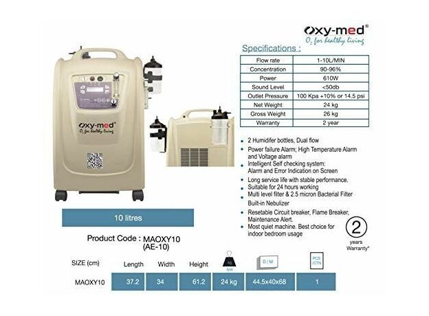Oxymed 10 Litre Dual flow Oxygen Concentrator with 2 year Warranty