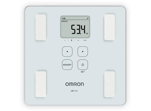 Omron HBF 214 Digital Full Body Composition Monitor with 4 User & Guest Mode Feature to Monitor BMI, Body Age, Vesceral Fat Level, Body Fat & Skeletal Muscle Percentage (White)