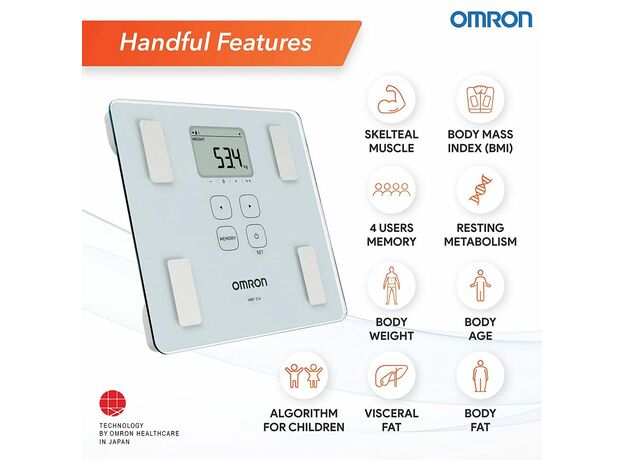 Omron HBF 214 Digital Full Body Composition Monitor with 4 User & Guest Mode Feature to Monitor BMI, Body Age, Vesceral Fat Level, Body Fat & Skeletal Muscle Percentage (White)
