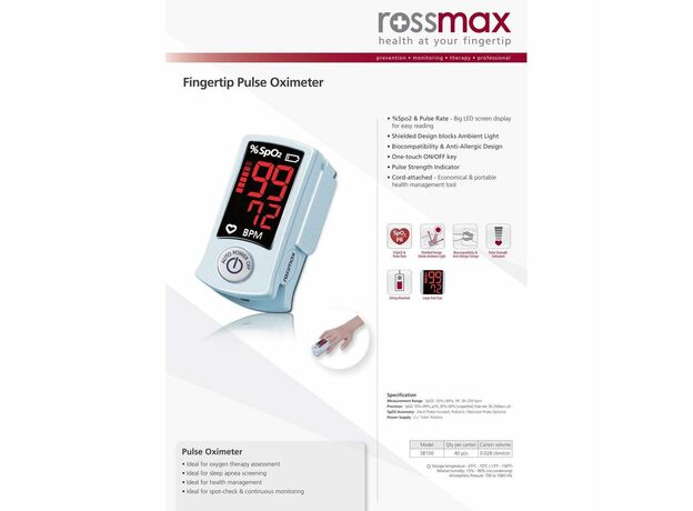 Rossmax SB100 Fingertip Pulse Oximeter With Spo2 Sensor, (Black)
