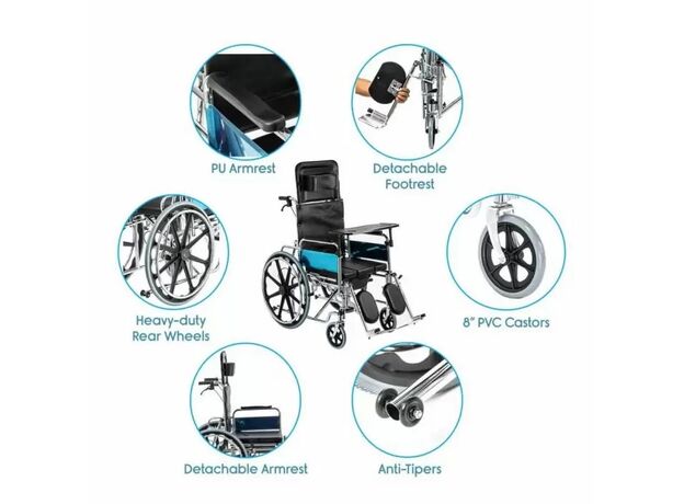 KosmoCare Premium Recliner Commode Wheelchair with Soft U-Cut Seat