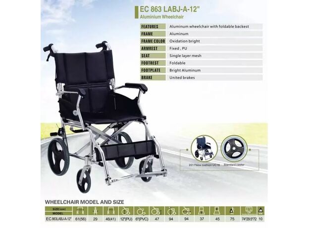 EasyCare EC863LABJA12 Portable Wheelchair with Rear Wheels (Aluminum)