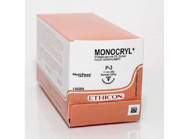 Ethicon Monocryl Sutures USP 4-0, 3/8 Circle Reverse Cutting PS-3 Prime - W3205 - Box of 12
